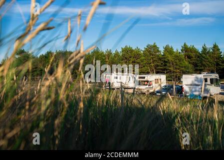 Campeurs sur le stationnement dans le camping forestier en Estonie Banque D'Images