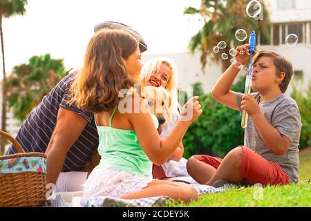 Mère, Père, fils et leur chien dans un été heureux en riant, le garçon jouant avec des bulles de savon. Bonne famille pique-nique dans le parc. Concentrez-vous sur Banque D'Images