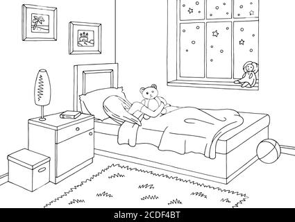 Illustration d'un dessin de chambre d'enfants noir blanc intérieur Sleeping girl vecteur Illustration de Vecteur