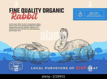 Lapin biologique de qualité. Résumé conception ou étiquette d'emballage de viande vectorielle. Typographie moderne et deux lapins dessinés à la main Silhouettes. Pré rural Illustration de Vecteur