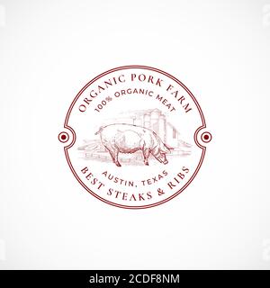 Porte-nom ou modèle de logo rétro avec cadre pour ferme porcine. Dessin de cochon et de paysage agricole à la main avec bordures et Typographie rétro. Emblème d'esquisse vintage Illustration de Vecteur