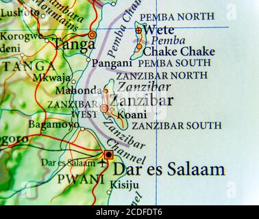 Carte géographique de Zanzibar avec les villes importantes Banque D'Images