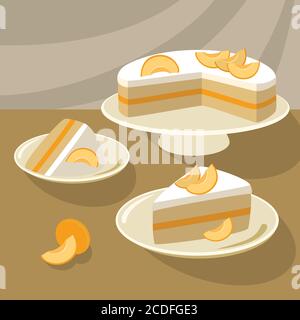 Tarte à l'abricot avec une couche de confiture et des morceaux de fruits frais de contours. Dessert alimentaire monochrome encore vie dans des couleurs chaudes orange jaune. Illustration vectorielle Illustration de Vecteur
