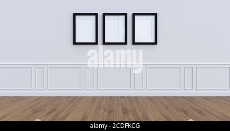3 cadres d'image sur un mur blanc rendu 3D Banque D'Images