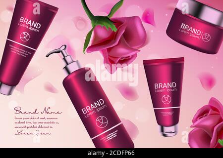 Illustration vectorielle rose rose série cosmétiques. bouteille cosmétique 3d en plastique avec distributeur de pompe pour hydratant corporel, emballage de tube avec produit de crème liquide de soin du visage et fond rose naturel Illustration de Vecteur