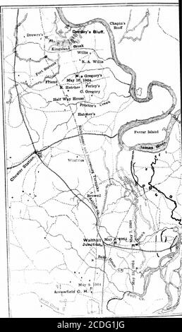 . L'histoire de la Compagnie A, vingt-cinquième Régiment, masse, vol. Dans la guerre de la rébellion [ressource électronique] . d années. Le bâtiment occupé par Cornwallis a été signalé, mais les privés n'avaient pas beaucoup de temps pour s'occuper des affaires. Heckman a pris ici le commandement de sa brigade, qui comprenait le vingt-troisième, le vingt-cinquième et le vingt-septième Massachusetts et le neuvième NewJersey. Ici, le corps entier a été examiné par le général Butler nous étions dans la première Brigade, deuxième Divisiondu corps de l'armée dix-huitième, le général y F(Baldy) Smith. Le dixième et dix-huit corps forment l'armée de t. Banque D'Images