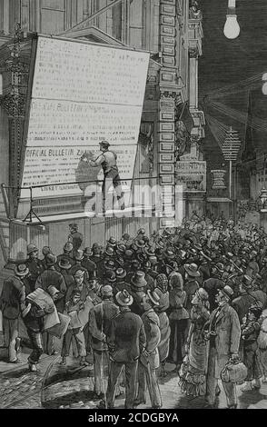 États-Unis, New York. Affichage public des bulletins d'information dans le bâtiment du bureau éditorial « Herald », concernant l'état de santé du président James A. Garfield (1831-1881) après l'attaque du 2 juillet 1881. Gravure. La Ilustracion Española y Americana, 1881. Banque D'Images