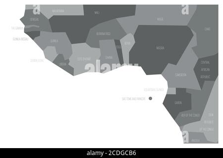 Pays de Guinée Golfe - Afrique de l'Ouest. Carte politique simplifiée et schématique. Illustration vectorielle en nuances de gris. Illustration de Vecteur