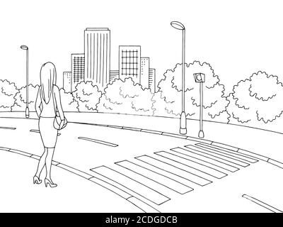 Street Road Graphic noir blanc ville paysage esquisse illustration vecteur. Femme en attente Illustration de Vecteur