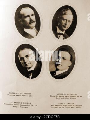 Graystone Hall - 1918 Illustration de la brochure commémorative produite lors de l'ouverture du nouveau temple maçonnique à Akron, Ohio, États-Unis, montrant des portraits de Roderick W Fraser, (président du club maçonnique d'Akron); Champion N Belden, (commandant des Templiers des Chevaliers d'Akron); Oliver D Everhard (Maître, Royal et certains maîtres) et Earl V carter (le plus excellent souverain Sacrificateur - Chapitre Arche royale) Banque D'Images