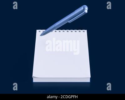 Stylo bleu sur un bloc-notes sur fond bleu foncé. Rendu 3D Banque D'Images