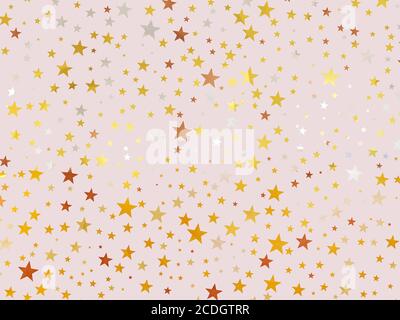 Beaucoup d'étoiles sont de couleur dorée avec un effet réfléchissant sur un fond rose. Rendu 3D Banque D'Images