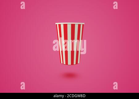 Coupe de pop-corn volant Pink Striped Box : coupe isolée et vide sur fond rose, rendu 3D Banque D'Images