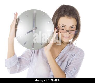 Photo de femme avec grosse horloge Banque D'Images