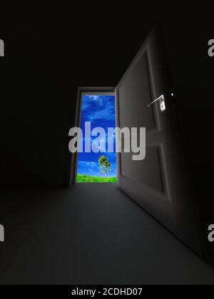 porte non fermée dans une pièce sombre Banque D'Images