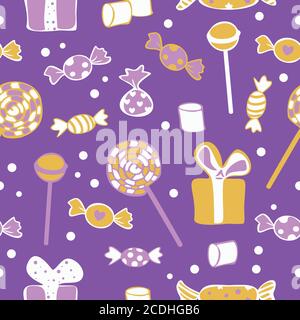 Motif vectoriel sans couture de différentes friandises, sucettes et boîtes-cadeaux dans des couleurs vives sur un fond violet vif. Concept de design pour la boutique de bonbons. Illustration de Vecteur