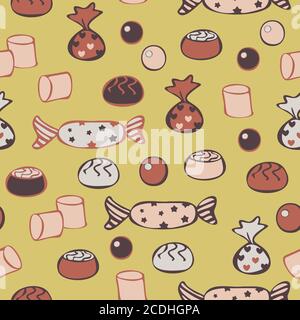 Motif vectoriel sans couture de différentes friandises dans des couleurs chaudes sur fond de chocolat léger. Concept de design pour la boutique de bonbons. Illustration de Vecteur