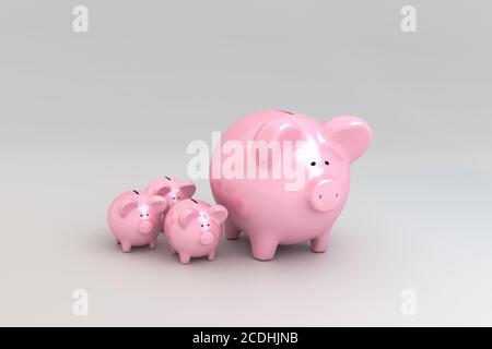 Concept d'épargne de la banque de piggy: Obtenir l'intérêt dans la forme de petites banques de piggy. Banque D'Images