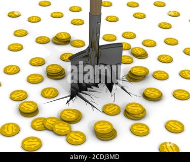 Pelle coincée dans un sol blanc et beaucoup de pièces d'or avec le symbole du dollar américain. Le concept de réussite financière. Illustration 3D Banque D'Images