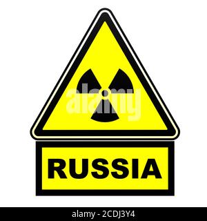 Danger radioactif en Russie. Panneau d'avertissement. Un signe jaune d'avertissement de danger radioactif avec le mot noir Russie. Isolé. Illustration 3D Banque D'Images
