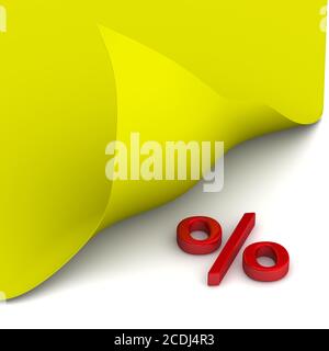 Symbole de pourcentage sous la feuille jaune. Symbole rouge de pourcentage sous la feuille jaune sur une surface blanche. Illustration 3D Banque D'Images