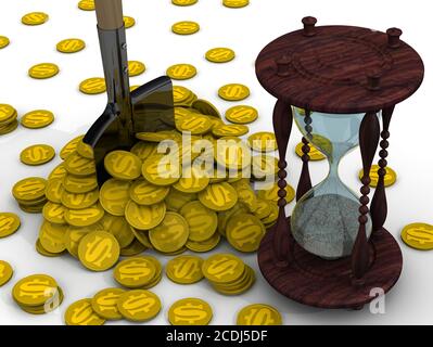 Le temps, c'est de l'argent. HourGlass, une pelle et un tas de pièces de monnaie avec les symboles dollar américain se trouvent sur une surface blanche. Concept financier. Illustration 3D Banque D'Images
