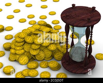 Le temps, c'est de l'argent. Concept financier. HourGlass et une pile de pièces avec les symboles dollar américain se trouvent sur une surface blanche. Concept financier. Illustration 3D Banque D'Images