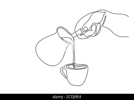 Un dessin continu de mains tenant une tasse de café chaud. Art une seule ligne dans le café image noir et blanc. Banque D'Images