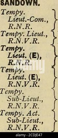 . La liste de la marine . ^- ^- ^- ?- ^^ ^^^. A. H. Dunkerley 12 oct 42 W.J.Gage 10 avr 44 A. B. Spreyer 16 nov 42 F.T..Morris 12 mars 42 C. CoUop 3 juillet 42 P. E. Weston 13 déc 43 L. collier. 10 avril 44 SANDPIPER. (ENV.) SANDRINGHAM. rem/&gt;)/. Z,i«rf., N. A. COPE 1 mai 44 R.N.V.R. f {hi Command) F. G. Harris — déc 42 P.V. Gray 3Nov 41 Tempy. Publicité T Sub-Lieut., J^J. W. Kyle 21 août 44 R.N.V.R. SANDWICH J. (Po.) ^Tfeli Comm., 1V/ si^^^^^.V 30 ^^^ ^ R N R I Command) ^TflvT l-(N) H. J. Woodwai-d 1 juillet 43 Tempy. Lieut., P. V. Gray 6 juillet 42 R.N.V.R. /J. C. fait le 11 mai 43 Tempy. S Surg. Lieut., Ve. J. Trow, md 9 Ju Banque D'Images