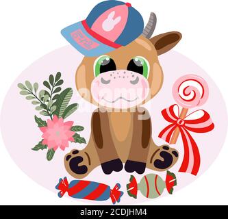 Image vectorielle d'un joli taureau de dessin animé avec fleurs, bonbons sur fond rose. Pour la conception de cartes postales, affiches, imprimés pour t-shirts, couvertures Illustration de Vecteur