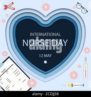 Félicitations pour la journée internationale des infirmières le 12 mai. Une carte postale bleue avec des articles médicaux une seringue, un tube à sang, un thermomètre, un dossier médical et des lunettes. Une carte en papier découpé sous forme de coeurs avec de jolies fleurs roses. Carte de vœux vectorielle pour la fête de l'infirmière heureuse. Illustration de Vecteur