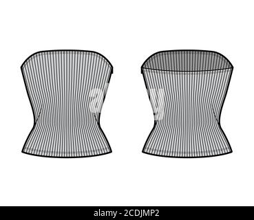 Haut tube côtelé illustration technique de la mode avec fermeture à glissière sur le côté, corps ajusté, encolure ronde, coupe près du corps. Modèle de vêtement à dessus plat à l'avant, à l'arrière, de couleur grise. Femmes hommes unisexe tricot CAD maquette Illustration de Vecteur