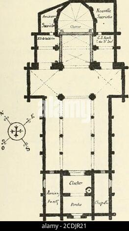 . Revue de l'art chrétien . Plan de léglise Ste-Madeleine à Tournai ouvert dune abside conte- nant lautel ; mais pour uneéglise, si petite ait-elle, il faut, pour le chœur, un prolongement du réseau léger ; le chevet pourra être plat, soluu-. Plan de lèglise St-Jacques à Tournai (1). Tion simple qui permet douvrir de belles lumièresdans un chevet relativement étrait ; le sanctuairediaire ou polygonal ne pratique que 1. N. B. la figure représente létat actuel, chevet poly-gonal, chœur accoté de chapelles de plain pied; mais on a figuré aussi lancien chœur à chevet Banque D'Images
