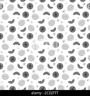 pastèques entières et tranches sur fond blanc, motif noir et blanc sans couture Banque D'Images