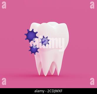 molaire à dents blanches avec germes sur fond rose, bactéries caries, illustration 3d Banque D'Images