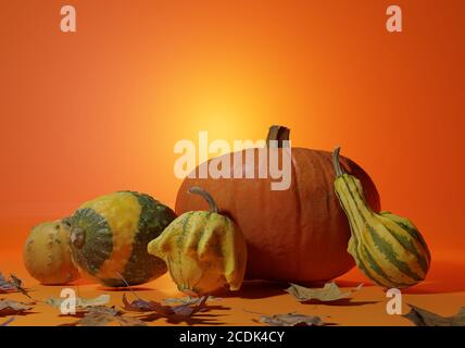 L'automne et laisse la scène pour un arrière-plan d'halloween. Illustration 3D Banque D'Images