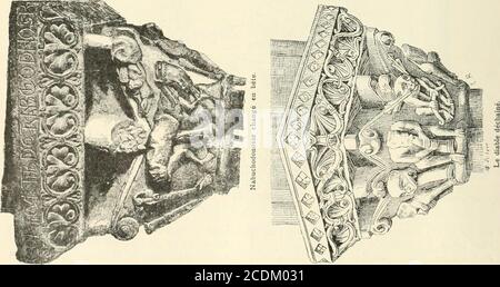 . Revue de l'art chrétien . Mélanges. 31 œuvres de lart plastique. Comme je viens de ledire, ce sont les livres de lancien et du nouveauTestament qui ont inspiré lartiste. M. Rupinles est isolé, avec beauputt de clarté, et les légendes que le tailleur boise un eu soinscrit sur ces chapiteaux, ne permettent pas le moindre doute sur les «histoires » qui y sontresentinelles. Les beaux clichés, mis si généreu- Banque D'Images