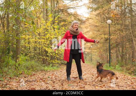 Smiling femme d'âge moyen dans la forêt avec son chien Banque D'Images