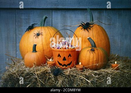 Citrouilles, araignées et bonbons d'Halloween sur paille Banque D'Images