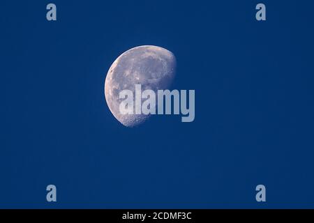 Lune déclinante dans le ciel bleu du matin tôt, Bavière, Allemagne Banque D'Images