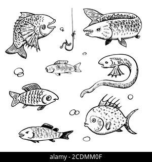 Ensemble de dessin animé à l'encre de poissons en colère. Illustration de Vecteur