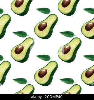 Motif aquarelle sans couture avec avocat mûr isolé sur fond blanc. Demi-tranches de fruits exotiques tropicaux. Aliments bio végétaliens. Banque D'Images