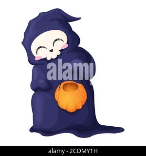 Mignon dessin animé sinistre avec citrouille isolée sur fond blanc. Illustration vectorielle. Icône de personnage de squelette d'Halloween de kawaii. Illustration de Vecteur