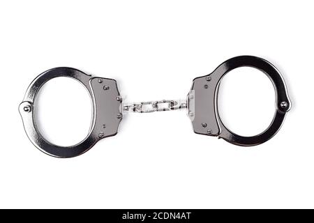 menottes en acier isolées sur le blanc Banque D'Images