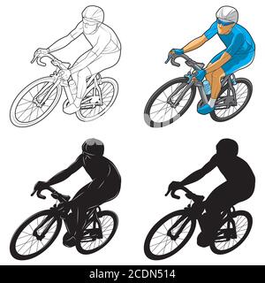 L'image d'homme de vélo est un ensemble composé d'images en couleur, de dessins au trait, de silhouette. Illustration vectorielle vue latérale oblique Illustration de Vecteur