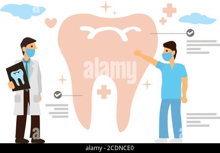 Les dentistes travaillent ensemble en clinique dentaire avec les données de projection dentaire du patient. Concept d'examen dentaire. Vecteur de personnage de dessin animé plat Illu Illustration de Vecteur