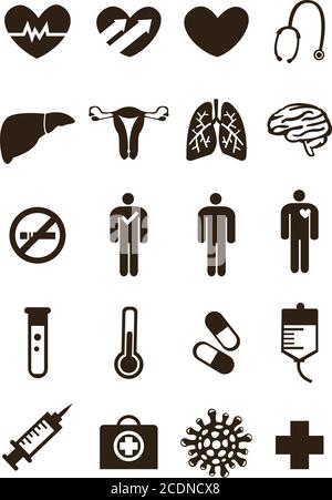 L'ensemble des icônes médicales et scientifiques comprenait les poumons, le cœur, le foie, le cerveau, les bactéries, la transmission du virus, la boîte de premiers soins, la pneumonie, la pilule, le signe d'arrêt du tabagisme, Illustration de Vecteur