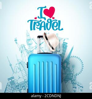 J'aime le design de bannière de vecteur de voyage. J'adore les textes de voyage et les monuments et la destination de renommée mondiale avec un sac à bagages de voyage pour les vacances. Vecteur Illustration de Vecteur