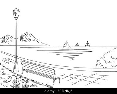 Motif de remblai noir blanc mer paysage dessin illustration vecteur Illustration de Vecteur