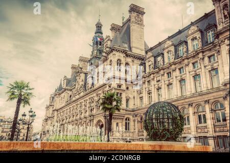 Hôtel de ville à Paris, France. Bâtiment de l'hôtel de ville. Vintage Banque D'Images